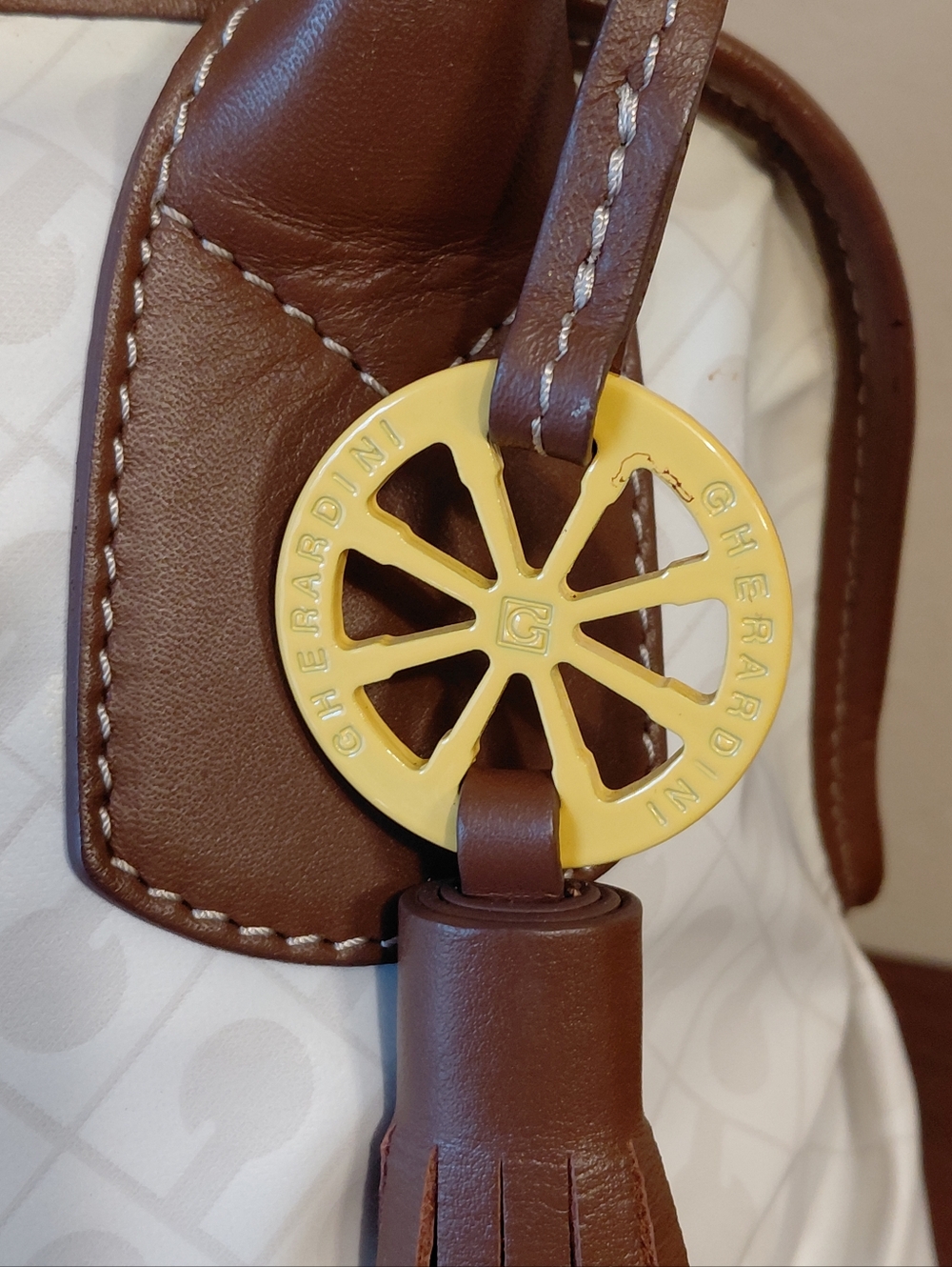 Gherardini Satchel Bag featuring a "G" Monogram Pattern White & Brown - Picture 3 of 12